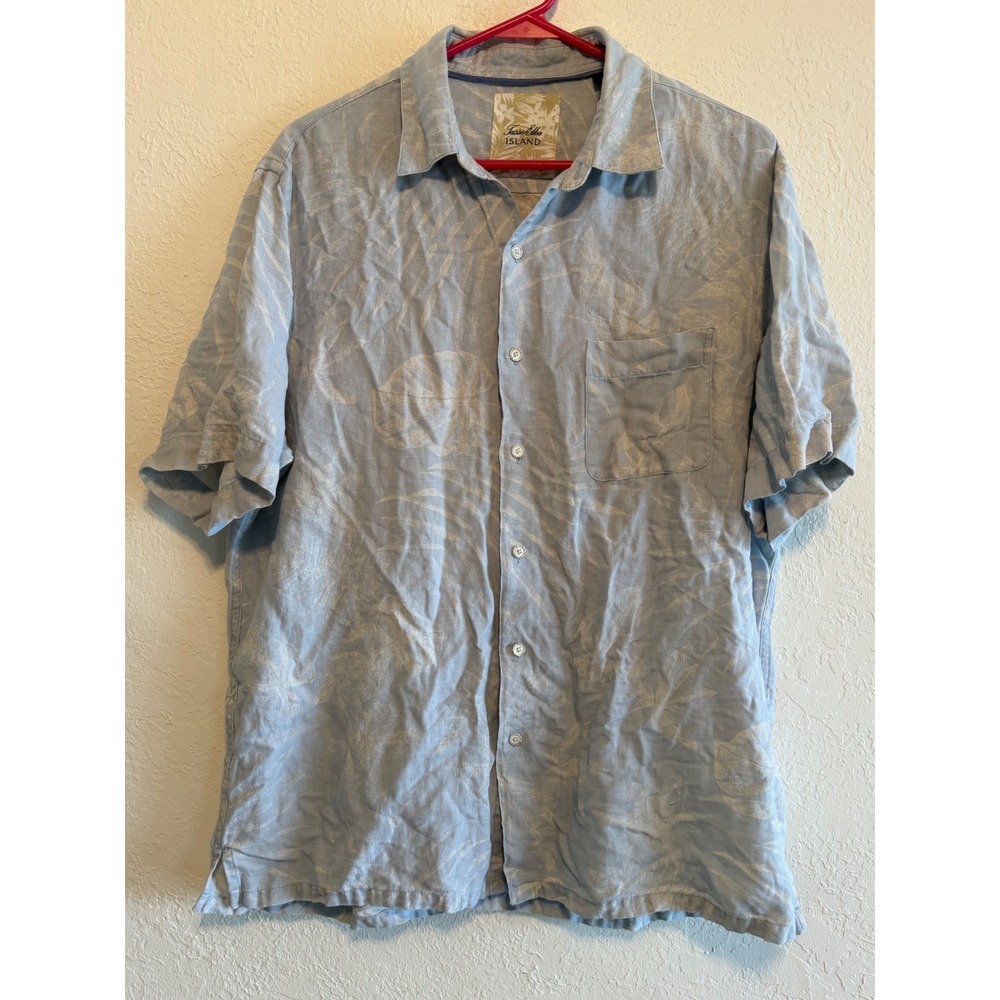 Tasso Elba Island Mens Large Silk Linen Blue Tropical Palm Leaf Button Up Shirt